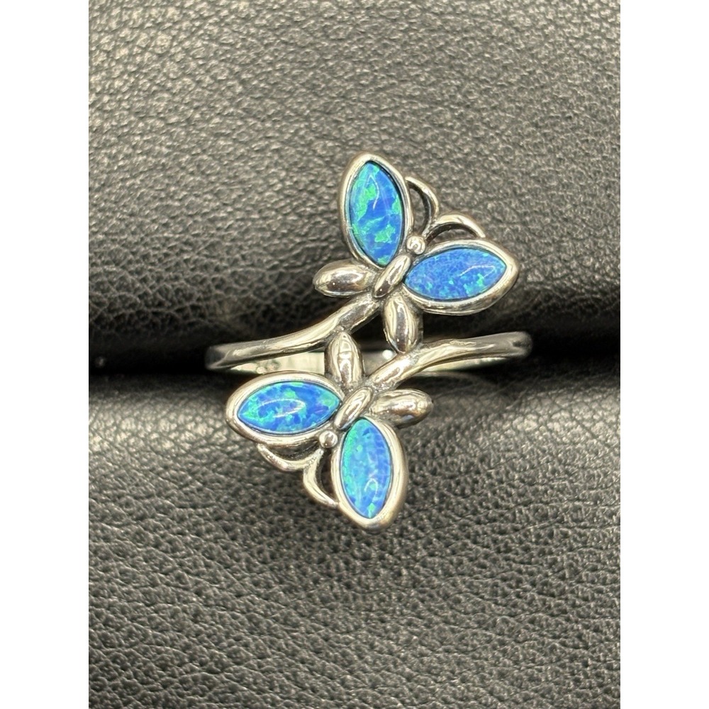 New Condition Sterling Silver Lab Blue Opal Butterfly Double Ring Size 7 G6